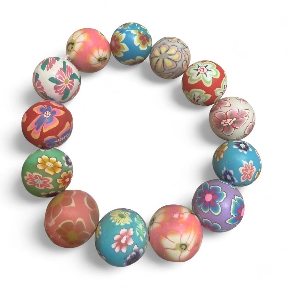 Floral patterned clay bead bracelet